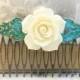 Cream Rose Comb, Verdigris Patina Comb, French Romantic Comb, Vintage Style Bridal Comb, Teal Turquoise Wedding, Rustic Floral Hair Piece