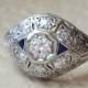Rare Art Deco Old European Diamond and Sapphire Vintage Dome Engagement Ring with 19K White Gold