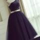 PD16045 One shoulder black tea length tulle party prom dress