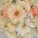 17 Piece Package Silk Flowers Wedding Bouquet Artificial Bridal Bouquets PEACH CHAMPAGNE CREAM Ivory Burlap Rustic "Lily of Angeles" IVPE02