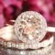 Rose Gold Morganite Wedding Set Diamond Scalloped Wedding Band and 8mm Pink Peach Morganite Engagement Ring in 14k Gold Bridal Ring Set