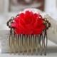 Red Wedding Bridal Flower Hair Comb. Red Rose Floral Antique Brass Filigree Hair Comb, Wedding Hairpiece, Bridal Hair comb, Bridesmaid Gift