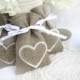 Set Of 120-Wedding Favor Bags - White Rustic Linen Wedding Favor Bag With Natural Linen Hearts Or Candy Buffet Bag Or Gift Bag