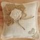 8" x 8"  Off-White Burlap Ring Bearer Pillow w/ Jute Twine and Rosettes-Personalize w/ Initials + Date- Rustic/Country/Shabby Chic/Wedding
