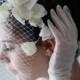 Birdcage Veil, Blusher Veil, Wedding lace Veil, Bridal Veil - Cream colored linen flower wedding Veil