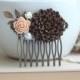 Chocolate Brown Chrysanthemum Flower, Peach Rose, Ivory, Pearl, Leaf Flower Brass Hair Comb. Bridesmaids Gift. Brown Wedding. Fall Inspired
