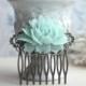 Mint Green Rose Flower Antiqued Brass Filigree Hair Comb. Green Wedding Floral Hair Comb. Bridesmaid Hair Comb. Wedding Bridal Hair Comb.
