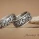 Scroll and Starburst Flower Wedding Band Set with Wide and Narrow Bands in Sterling - Silver Scroll Pattern Band - Promise, Commitment Band