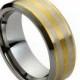 Tungsten Carbide Men's Ring Wedding Band 8MM Beveled Edges-Shiny Center-Gold Plated Brushed 2 Laser Engraved Lines Ring
