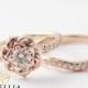 14K Rose Gold Diamond Engagement Ring Set Rose Gold Flower Ring Flower Engagement Ring