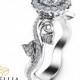 14K White Gold Diamond Engagement Ring Diamond Engagement Ring Unique Engagement Ring Leaf and Flower Engagement Ring