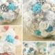 Brooch Bouquet, Ivory, Cream, Aqua, Blue, Silver, Turquoise, White, Elegant Wedding, Vintage Style, Bridal, Jeweled, Crystals, Pearls, Lace