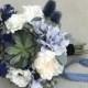 Succulent Blue Silk Wedding Bouquet with Peony, Hydrangea, Cornflower, Anemone, Thistle, Echeveria, Blue Berries