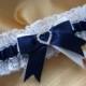 WEDDING GARTER navy blue and white satin and lace garter heart diamante bows