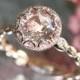 Floral Morganite Engagement Ring in 14k Rose Gold Pebble Diamond Band 8mm Round Pinkish Peach Morganite Wedding Ring (Bridal Set Available)