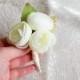 Off white pale green peonies flower wedding BOUTONNIERE custom corsage creme green satin ribbon peony