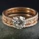 Forever Brilliant Moissanite Halo Diamond Engagement Ring – Miligrain Lear and Micro Pave Diamond Half Eternity Band – Set