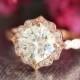 14k Rose Gold Moissanite Engagement Ring Vintage Floral Ring Scalloped Diamond Wedding Band 8x8mm Cushion FB Moissanite Ring