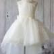 2016 Off White Junior Bridesmaid Dress, A line Asymmetric Halter Neck Flower Girl dress, High Low Beading Rosette dress knee length (GK139)