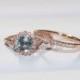 Floral Engagement Ring Set 6MM Aquamarine Rose Gold Ring Aquamarine Engagement Ring Halo Diamond Ring Thin Diamond Band Gold Eternity Ring