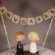 Custom Kokeshi Wedding Cake Topper with Base, Bunting and Heart, Name Bunting, Love Bunting, Mr and Mrs Bunting