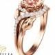 14K Rose Gold Morganite Engagement Ring Unique Leaf Design Ring  Peach Pink Moraganite  Ring Art Deco Engagement  Ring