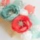 Bridal Headpiece, Coral and mint green flower comb, Pearl and flower bridal comb, Bridal Hair Flower, Bridal Hair Accessories, Orange flower