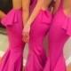 Sexy backless hot pink mermaid long prom dress bridesmaid gowns