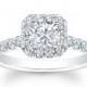 Ladies 14kt white gold shared-prong diamond cushion halo engagement ring 0.60 carats G-VS2 diamonds w/1.50ct Round shape White Sapphire Ctr