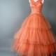 Vintage 1950's Salmon Tulle Ruffles and Lace Prom Party Dress, Size 2, Extra Small