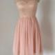 Round Neckline Pearl Pink Lace Chiffon Short Bridesmaid Dress