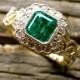 Emerald Engagement Ring in 14K Yellow Gold with Diamonds in Flowers & Leafs on Vine Motif Size 4