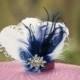 Wedding WHITE or Ivory & Royal Blue / Navy. Fascinator Comb / Hair Clip. Statement Winter Wedding Bridal Bride Couture. Turquoise Aqua Blue