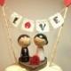 Personalized Kokeshi Wedding Cake Topper with Base, Bunting and Heart, Love Bunting, Mr and Mrs Bunting Rustic Cake Topper