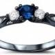 Black Gold Three Stone Wedding Engagement Ring 1.3CT Round Deep Blue Sapphire CZ White CZ Accent 925 Sterling Silver Accent Dazzling Promise
