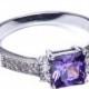 Classic Wedding Engagement Ring Solitaire Accent 1.24CT Princess Cut Square Purple Amethyst Round Clear CZ Solid 925 Sterling Silver