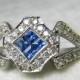 Sapphire Ring Engagement Ring Art Deco Ring 0.50 Carat Natural Sapphires 0.18 cttw round brilliant cut Diamonds 18k White Gold