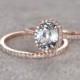 2 Aquamarine Ring Bridal Set,Engagement ring Rose gold,Diamond wedding band,14k,6x8mm Oval Cut,Blue Gemstone Promise Ring,Matching Band