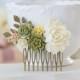 Sage Green Wedding Hair Accessory, Bridal Hair Comb, Vintage Wedding Hairpiece Hair Slide, Green Rose Ivory White Peony Yellow Flower Comb