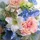 Silk Bridal Bouquet, Blush Pink, Light Blue, Green, and Ivory, Wedding Flowers, Roses, Lilies, Irises, Hydrangea, Freesia, "Abundance"