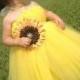 Yellow gold tulle sunflower flower girl dress  with belt and matching custom handmade satin flower on lace headband tutu dress for wedding