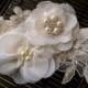 Champagne, Ivory, and Gold Bridal Sash Belt With Fabric Flowers, Lace, Pearls, Vintage Style Button - Lace Bridal Sash