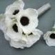 White Silk Anemone Bridal Bouquet and Grooms Boutonniere Set, Real Feel Silk Flowers, Everlasting Wedding Keepsake,