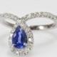 Blue Sapphire Engagement Ring, 14K White Gold Ring, Halo Ring, 0.4 CT Pave Diamond Ring, Pear Shaped Sapphire Ring, Art Deco Ring