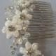 Clematis Hair Comb, Hair Vine, White opalescent seed beads, Bridal Hair Accessories, Handcrafted Beadwork, Swarovski Crystals
