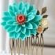 Large Teal Green Turquoise Chrysanthemum Flower Hair Comb. Wedding Bridal Hair Comb. Bridesmaid Gift. Woodland Country