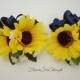 2 Double Sunflower Corsages with Navy Ribbon, Yellow and Blue Wedding Flowers, Mother of Bride and Groom Gift, FFT original, Made to order