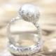 Pearl Wedding Ring Set - Eco Friendly Floral Wedding Band & Engagement Ring - Alternative Diamond