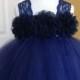 Navy Blue Flower Girl Tutu Dress, Chiffon Lace Flowers,  Wedding, 2T, 3T, 4T, 5, 6, 7, 8, 9, 10, 12