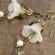 White Bellflower Earrings  Crystal & Pearl Swarovski Beads  Antiqued Brass and Frosted Flower  Beaded Jewelry  Bridal Victorian Fairy Bell